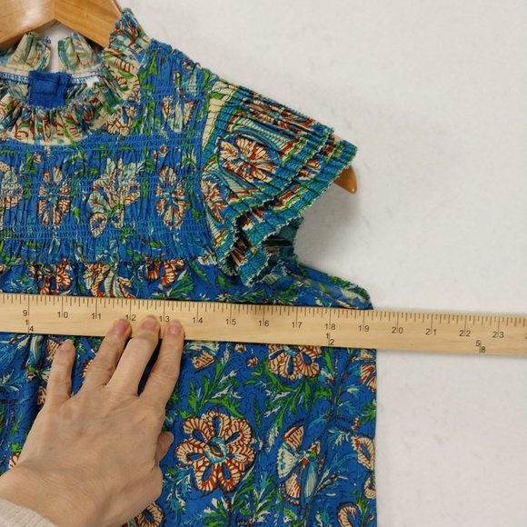 Love the Label Anthropologie Dress XXS Blue Mini Floral Boho Smocked Ruffle - Picture 8 of 9